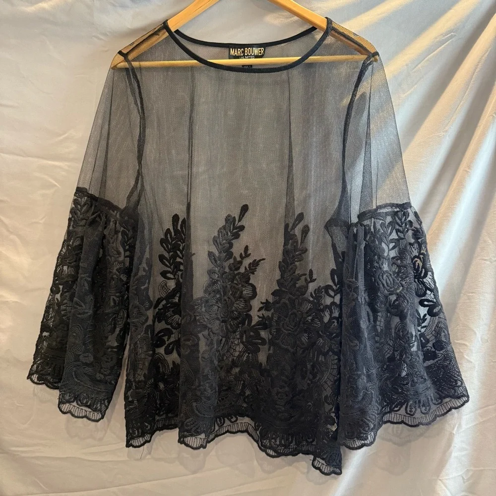 Marc Bouwer Black Sheer and Floral Lace Blouse Women’s XL - Picture 1 of 11
